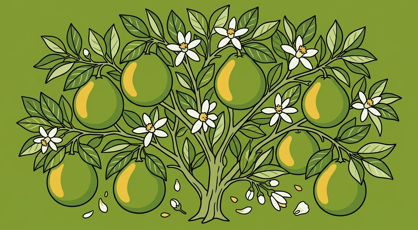 Illustrated pomelo tree laden with fruit in a sunny garden