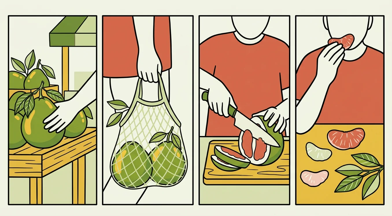Illustrated journey from market to table showing pomelo selection and storage