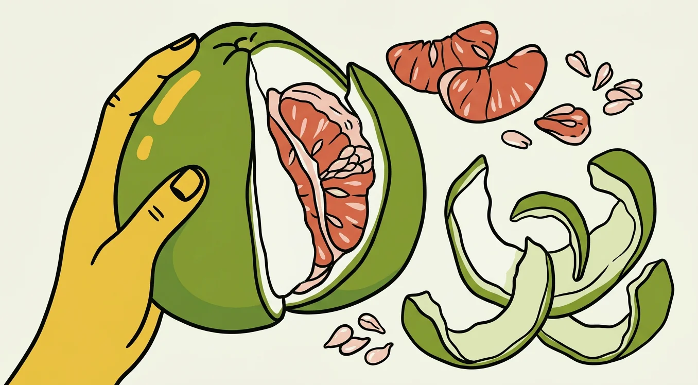 Illustrated hand peeling open a pomelo revealing pink segments