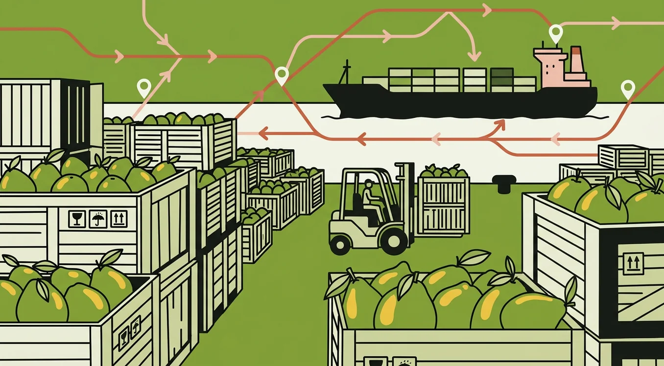 Illustrated global pomelo trade scene with shipping containers, cargo ship, and crates of fruit