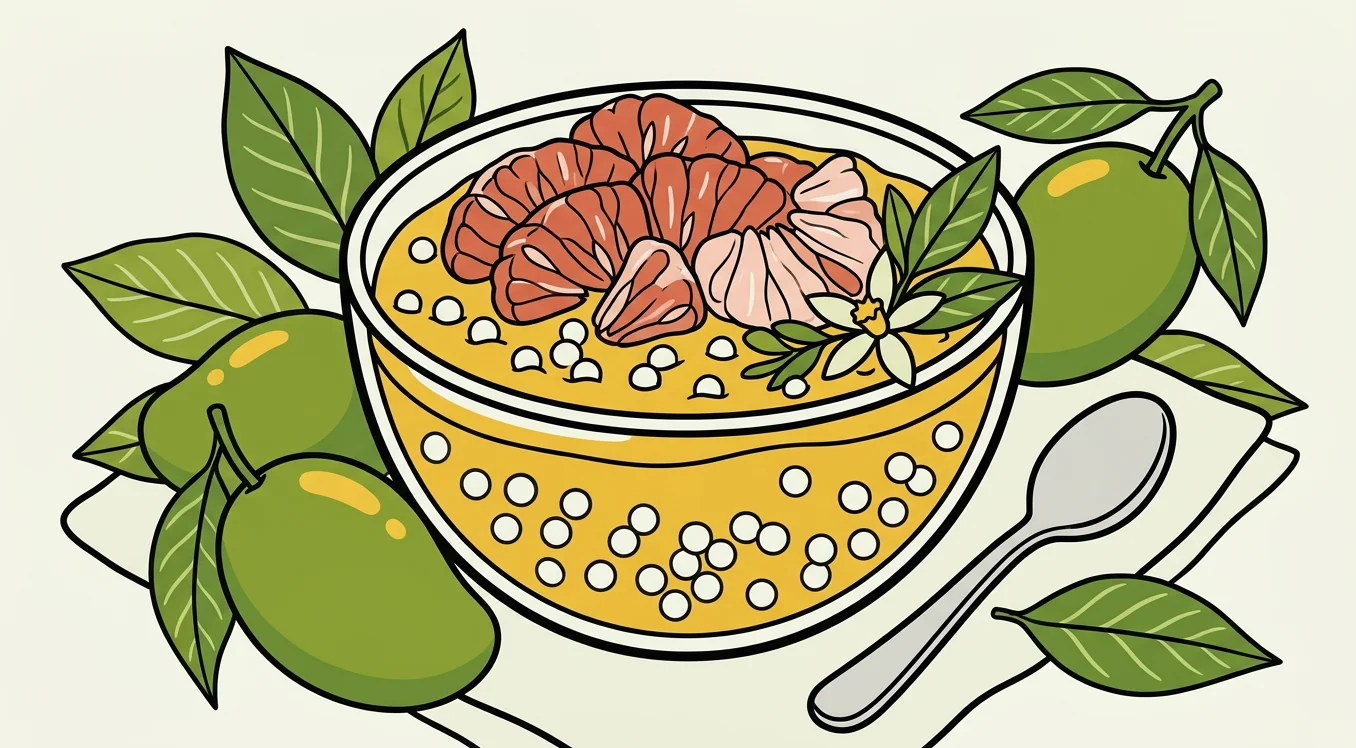 Illustrated bowl of mango pomelo sago dessert with tapioca pearls and pomelo segments