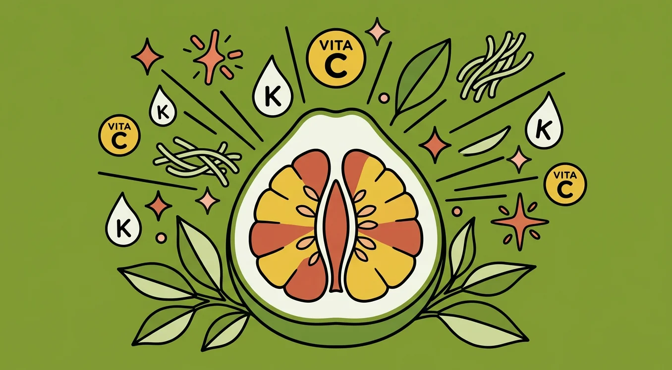 Illustrated pomelo cross-section with vitamin and mineral icons radiating outward