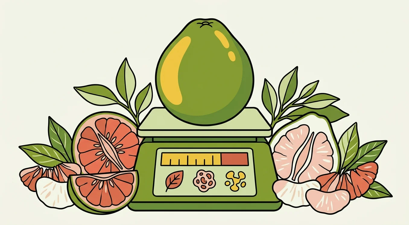 Illustrated pomelo on a kitchen scale surrounded by segments and citrus slices