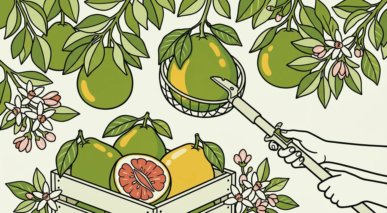 Illustrated pomelo harvesting scene with picker tool, crate of fruit, and blossoms