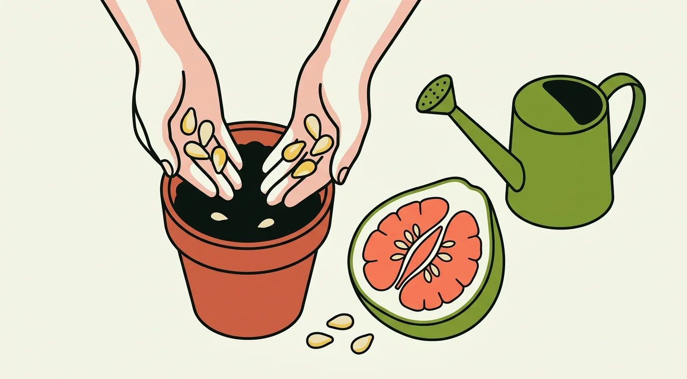 Illustrated hands planting pomelo seeds in soil