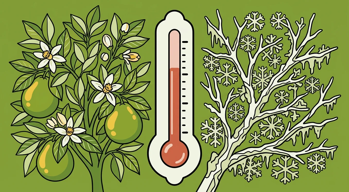 Illustrated thermometer with pomelo tree showing climate growing zones