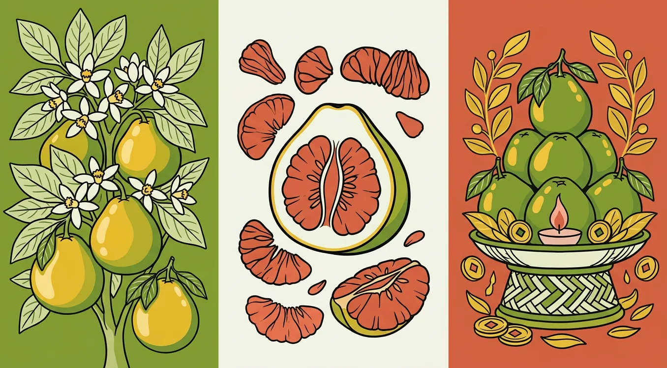 Triptych illustration of pomelo botanical origins, cross-section, and cultural offerings