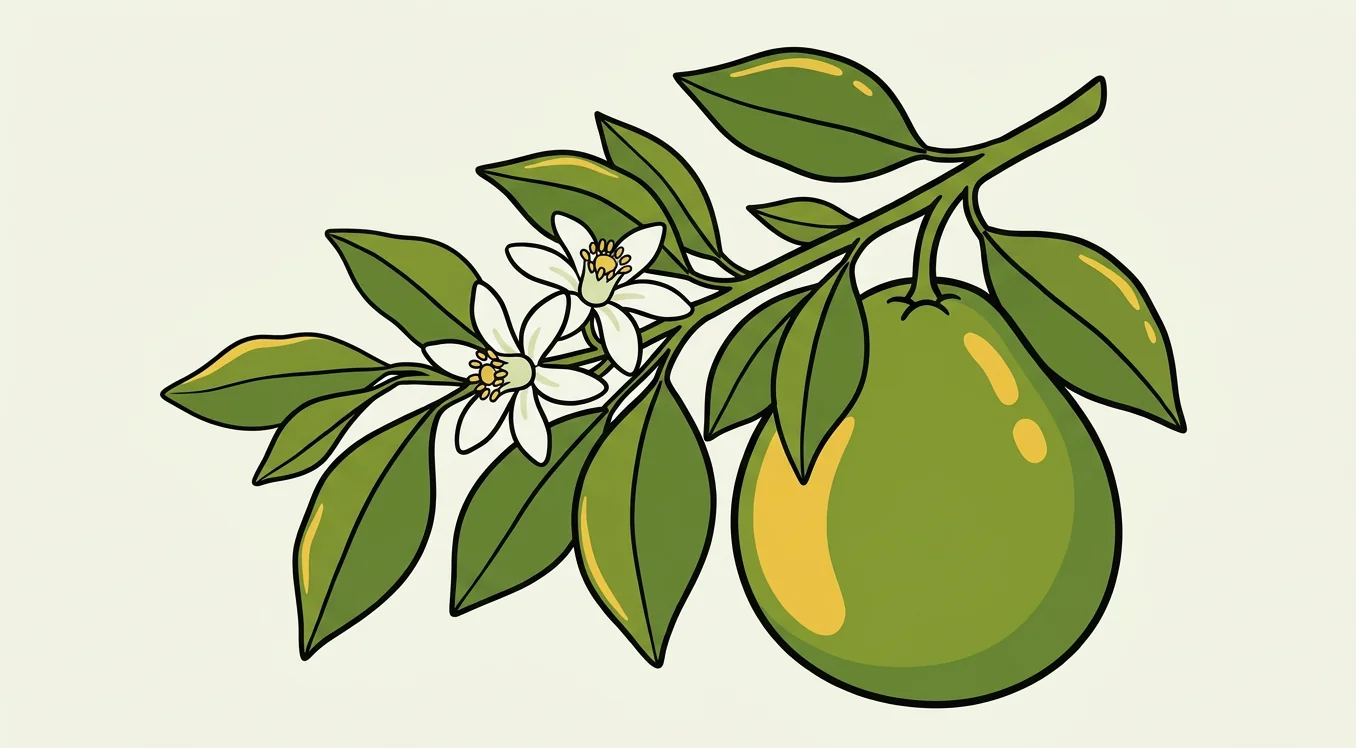 Botanical illustration of a pomelo tree with fruit, leaves, and blossoms