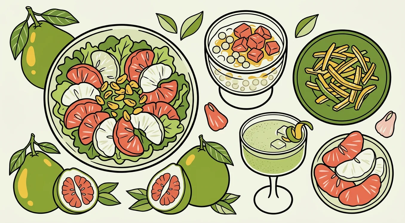 Illustrated overhead spread of pomelo dishes including salad, dessert, and cocktail