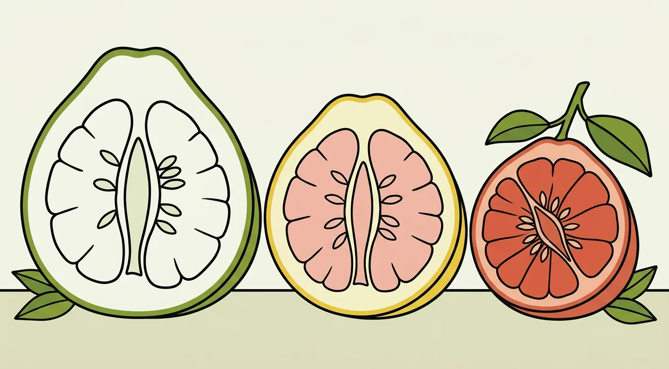 Illustrated lineup of three pomelo cross-sections showing white, pink, and red flesh varieties