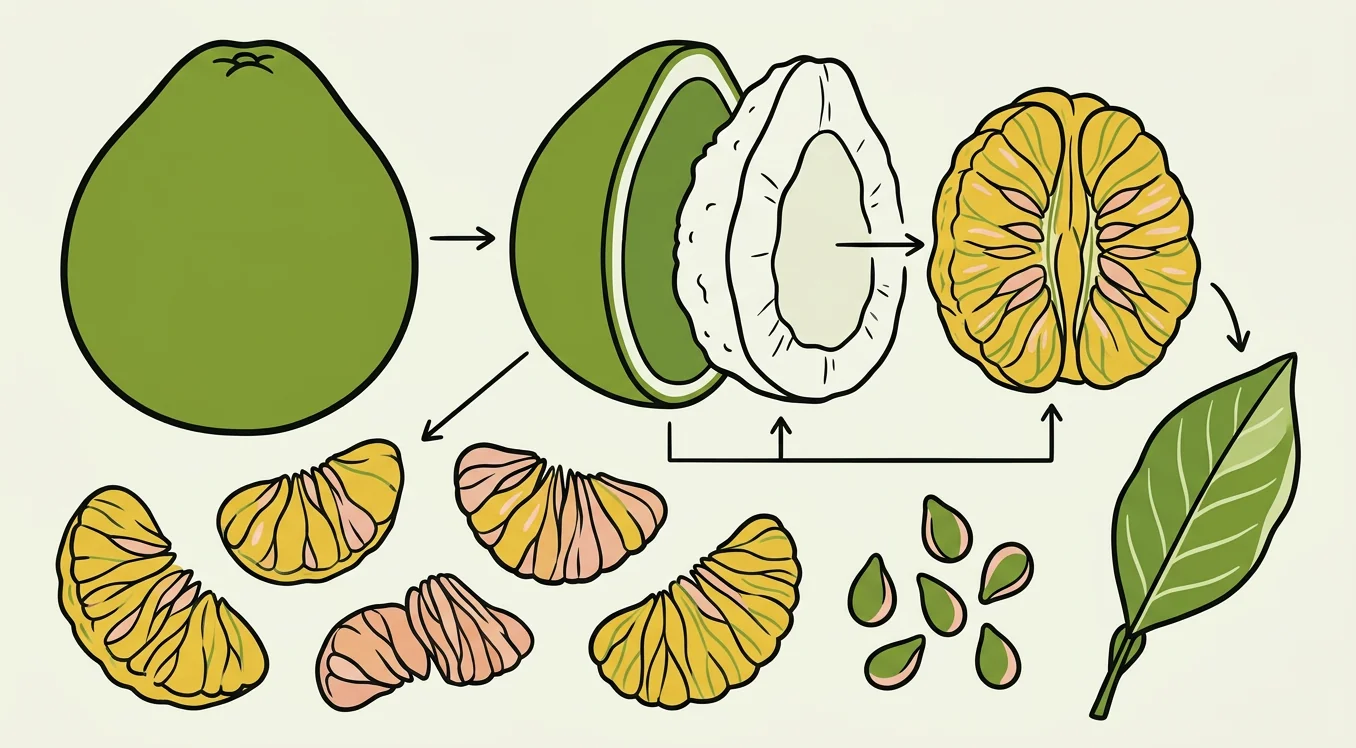Illustrated exploded anatomy of a pomelo showing rind, pith, segments, seeds, and leaf