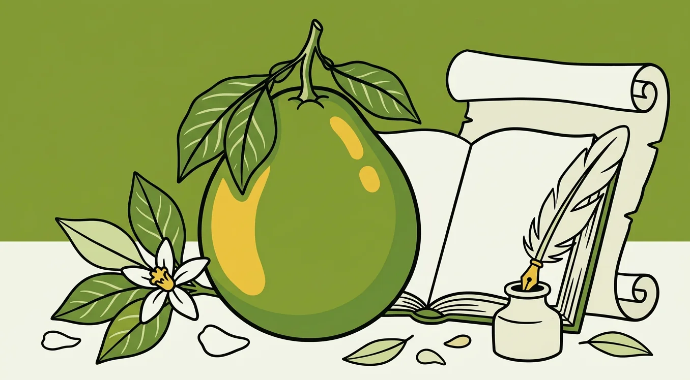Illustrated pomelo with scroll and quill pen depicting the historical shaddock etymology